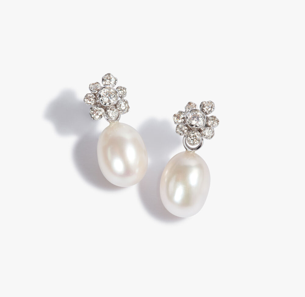 Marguerite 18ct White Gold Diamond Pearl Drop Earrings | Annoushka jewelley
